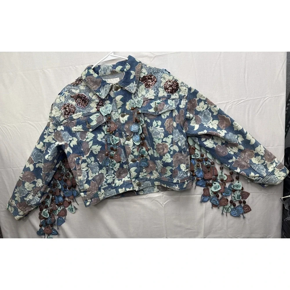 Vtg Upcycled Floral‎ Denim Cropped Trucker Jacket Size Small Fringe Beaded Rare